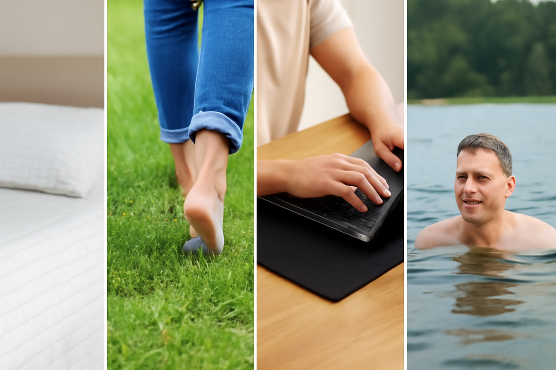 A collage of four images showing grounding techniques: a bed with a grounding sheet, barefoot on grass, working on a laptop with a grounding mat, and swimming in natural water.