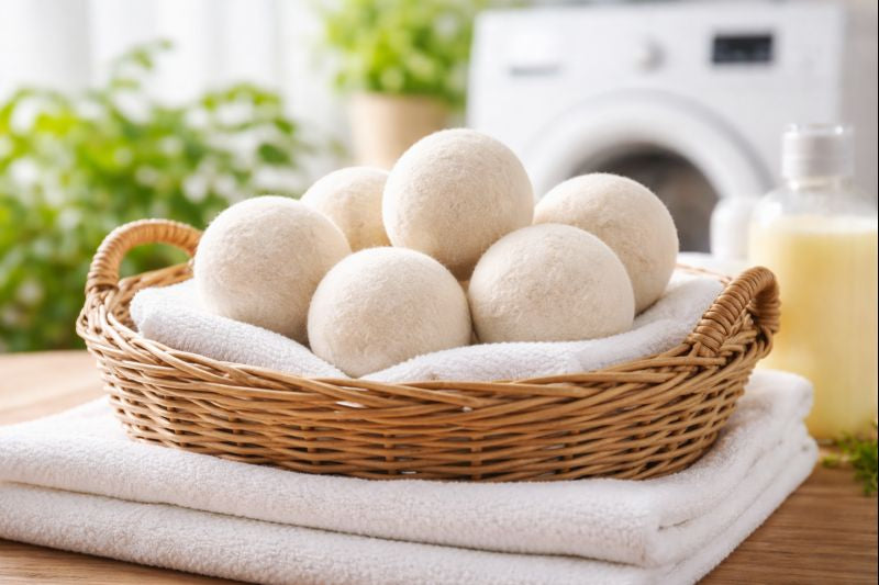Wool dryer balls in a wicker basket on folded white towels with a blurred laundry room background.