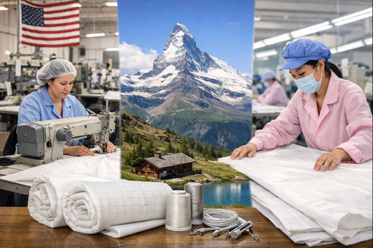 Grounding sheet materials shown with factory scenes and mountains