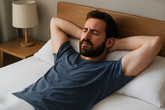 A man with a beard relaxes on a bed in soft natural light, conveying a peaceful and calm mood.