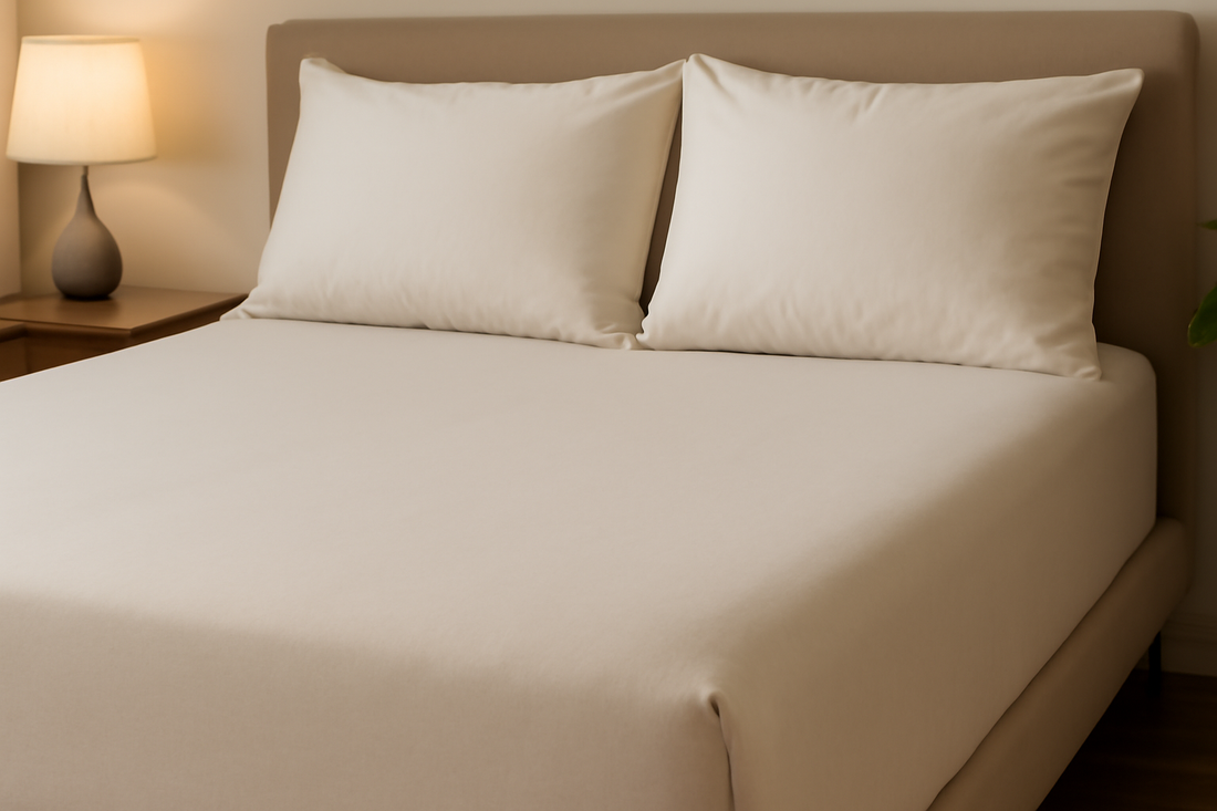 A serene bedroom with a neatly made bed, beige fitted sheet, and soft pillows against a headboard.