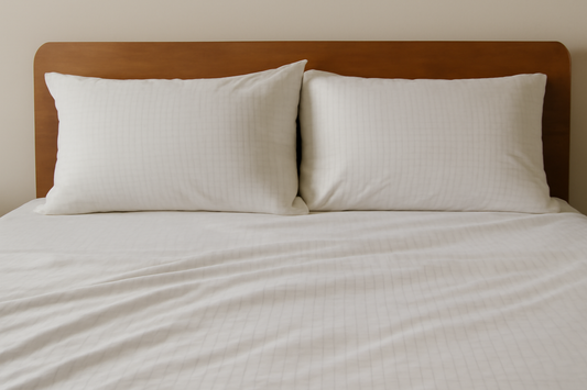 A neatly arranged bed with white, breathable grounding sheets and a warm wooden headboard.
