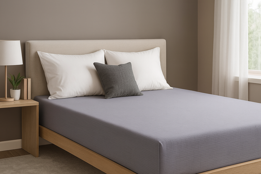 Modern bedroom with gray fitted sheet, white pillows, and wooden furniture near a sunlit window.
