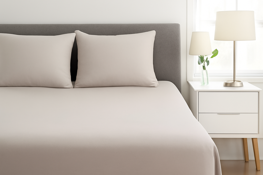 A serene bedroom with light gray bedding, matching pillows, and a minimalist nightstand.