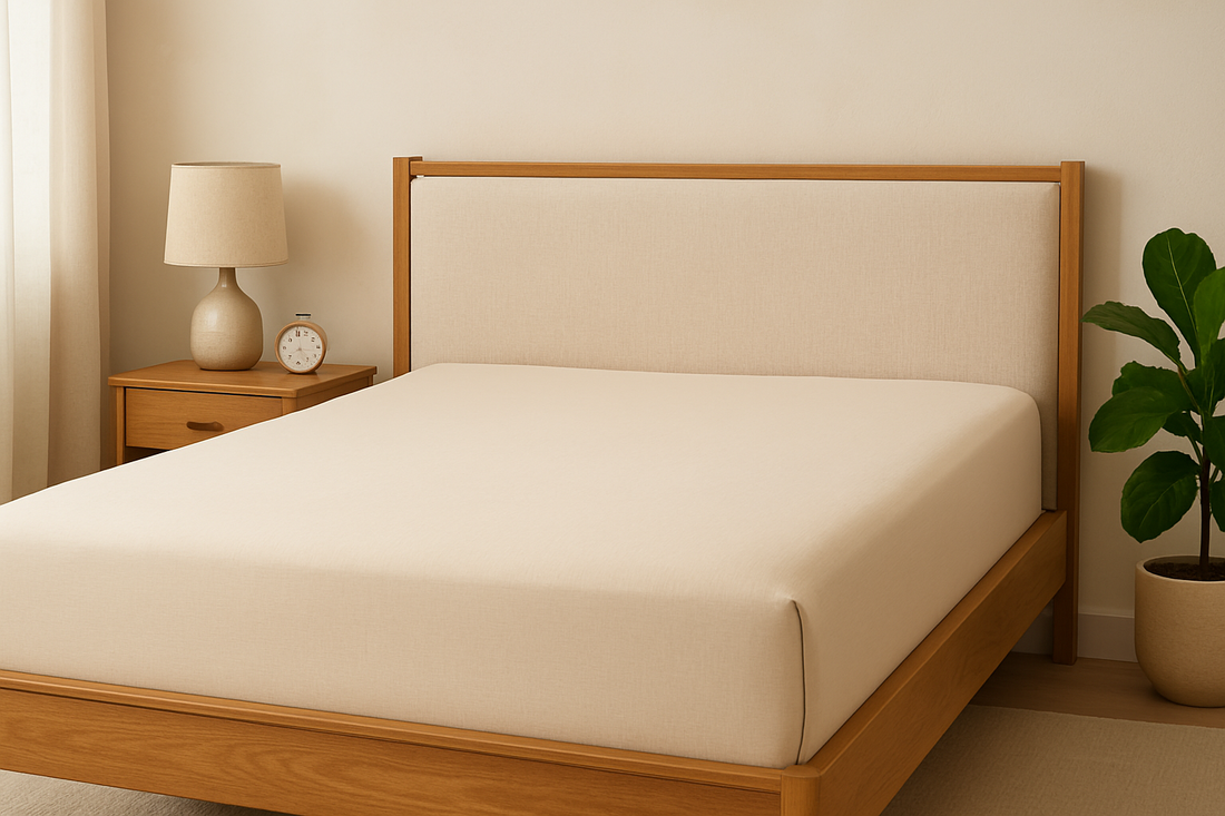 Minimalist bedroom with beige grounding sheet, wooden bed frame, nightstand, lamp, and plant.