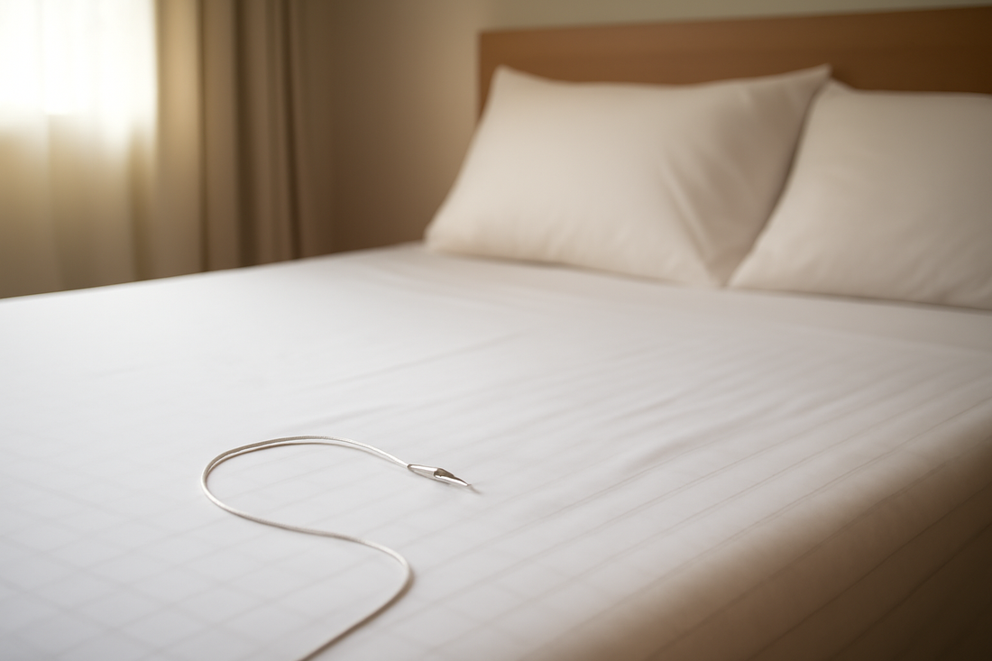 Neatly made bed with grounding cord on a white sheet, soft natural light filtering through curtains.