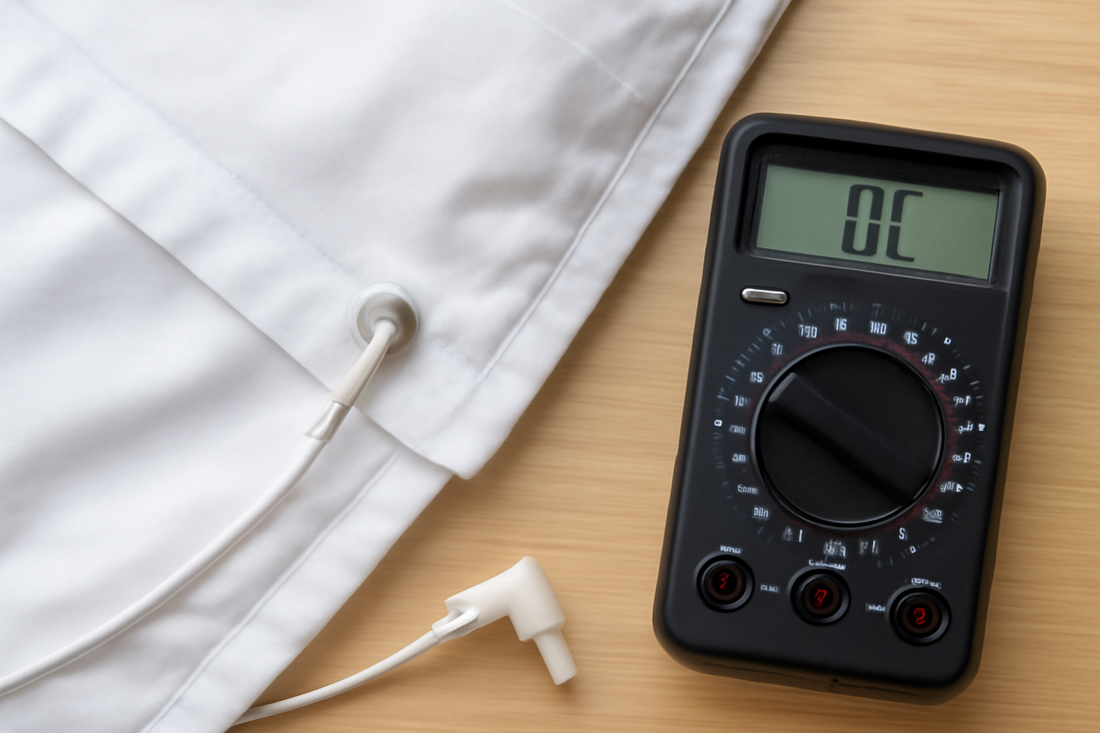 A close-up of a white bedsheet with a grounding cord and a multimeter displaying resistance.
