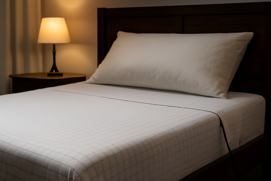 A cozy bedroom featuring a grounding sheet with a grid pattern, soft lighting, and a nightstand.