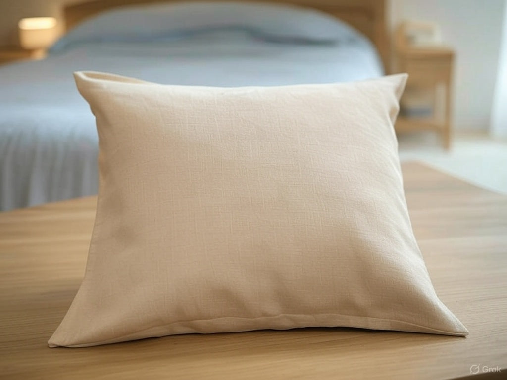 Beige grounding pillowcase on a wooden table in a cozy bedroom.