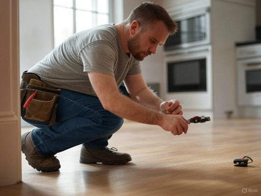 Electrician in a gray shirt testing an electrical outlet on a wooden floor.