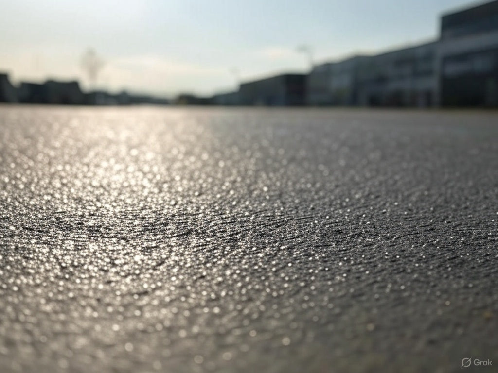 A low-angle close-up of a textured asphalt road in sunlight.