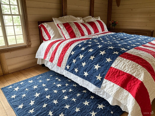 American flag bedspread on a bed in a log cabin