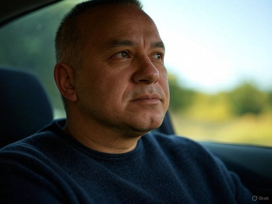 Middle-aged man sitting in a car, looking thoughtfully ahead.