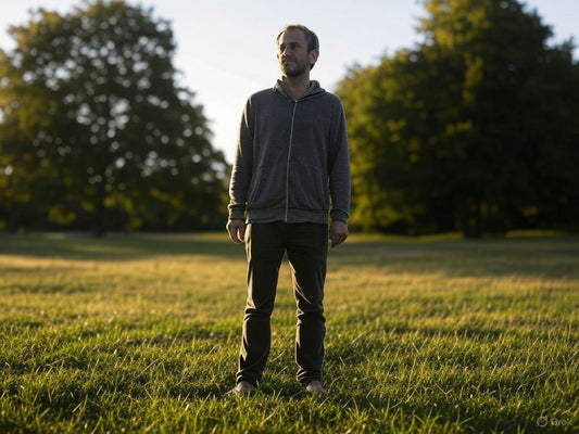 Man in gray hoodie and gray pants standing in grass in low angle sun.