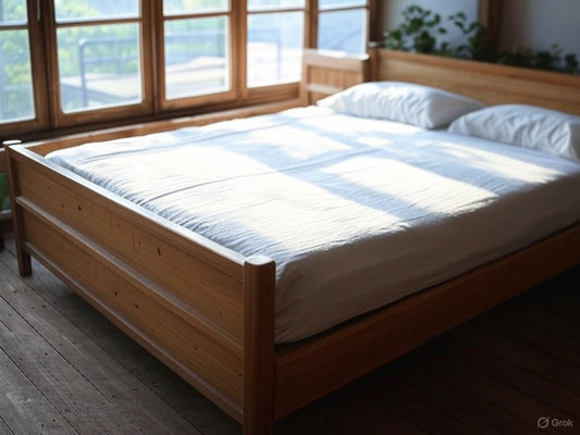Minimalist wooden bed with white bedding in a sunlit room.