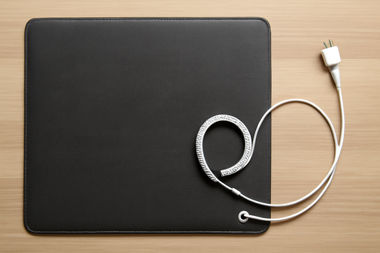 Grounding mat with white cable and plug on a light wooden surface, showing texture and stitching.
