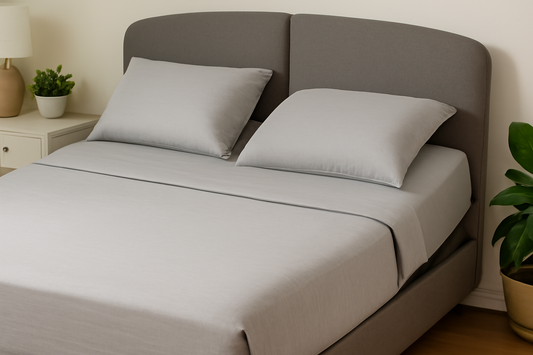 Neatly made modern bedroom with a Sleep Number bed, light gray grounding sheets, and plants.