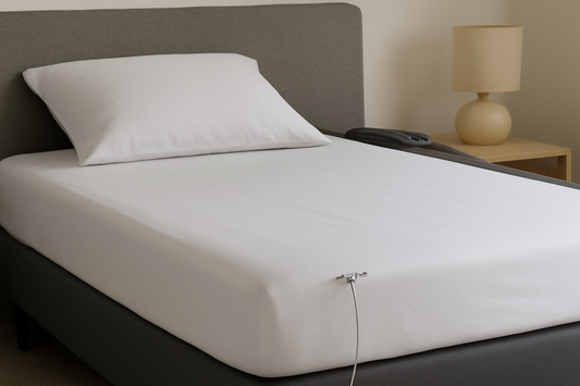 Modern bed with grounding sheet, sleep tracker, and minimalist décor for enhanced sleep quality.