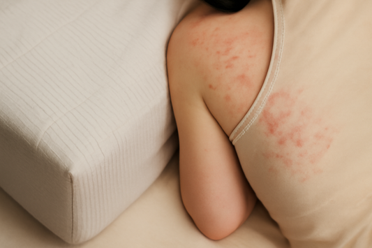 Close-up of a person's back with a rash, lying on beige bedding, with soft, neutral tones.
