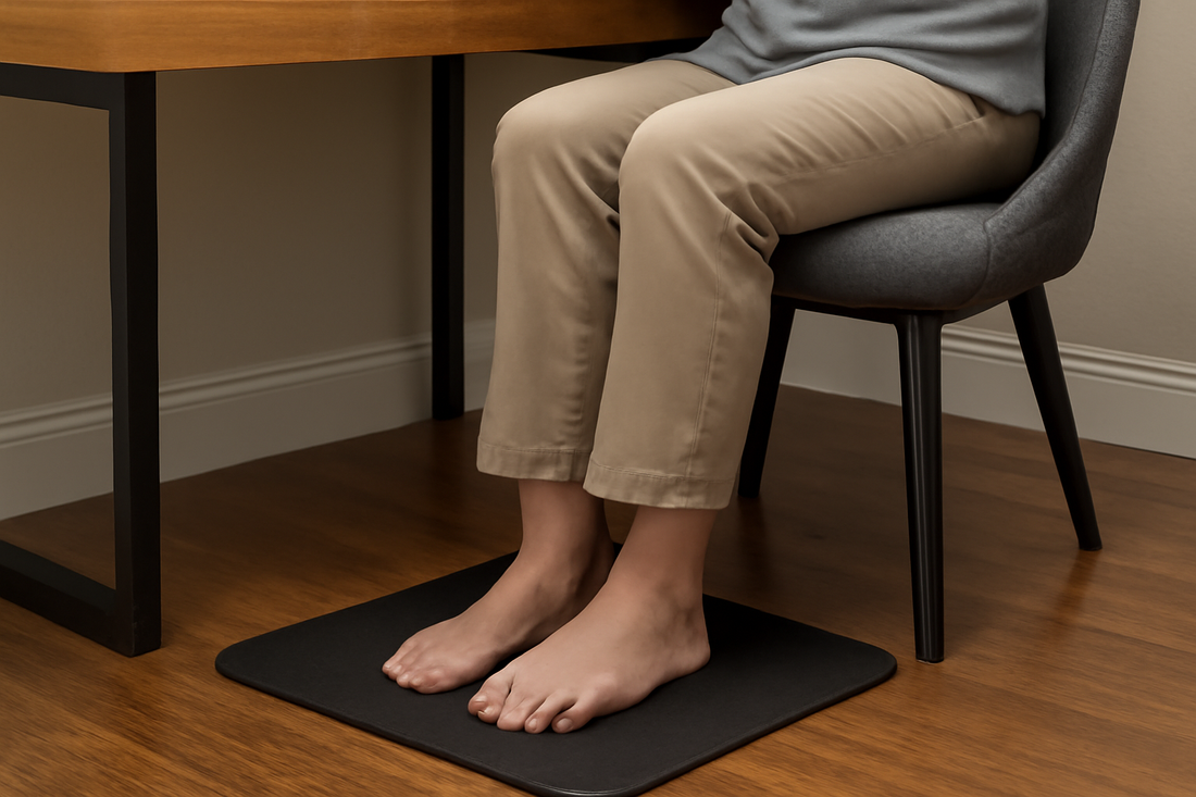 Person seated in a chair with bare feet on a GroundLuxe grounding mat in a home office.