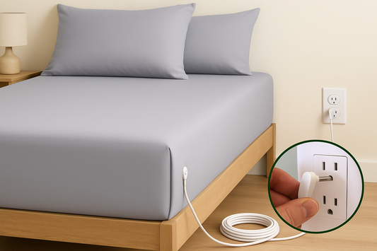 Smooth gray fitted sheet on bed with grounding cord plugged into American outlet; cozy and minimalist scene.