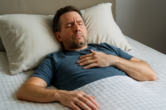Middle-aged man with atrial fibrillation resting on a bed with a grounding sheet beneath him