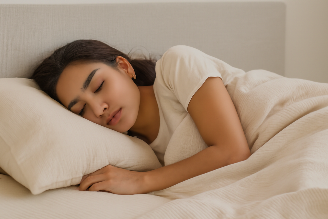 A young woman peacefully sleeps on a beige bed with matching sheets and pillow in soft lighting.