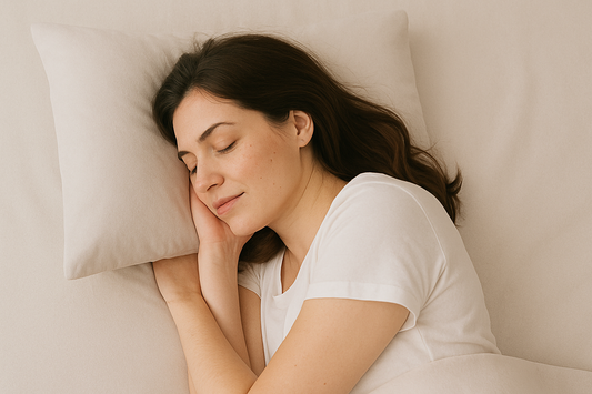 Woman peacefully sleeping on her side on a beige sheet, head resting on pillow, wearing white shirt.