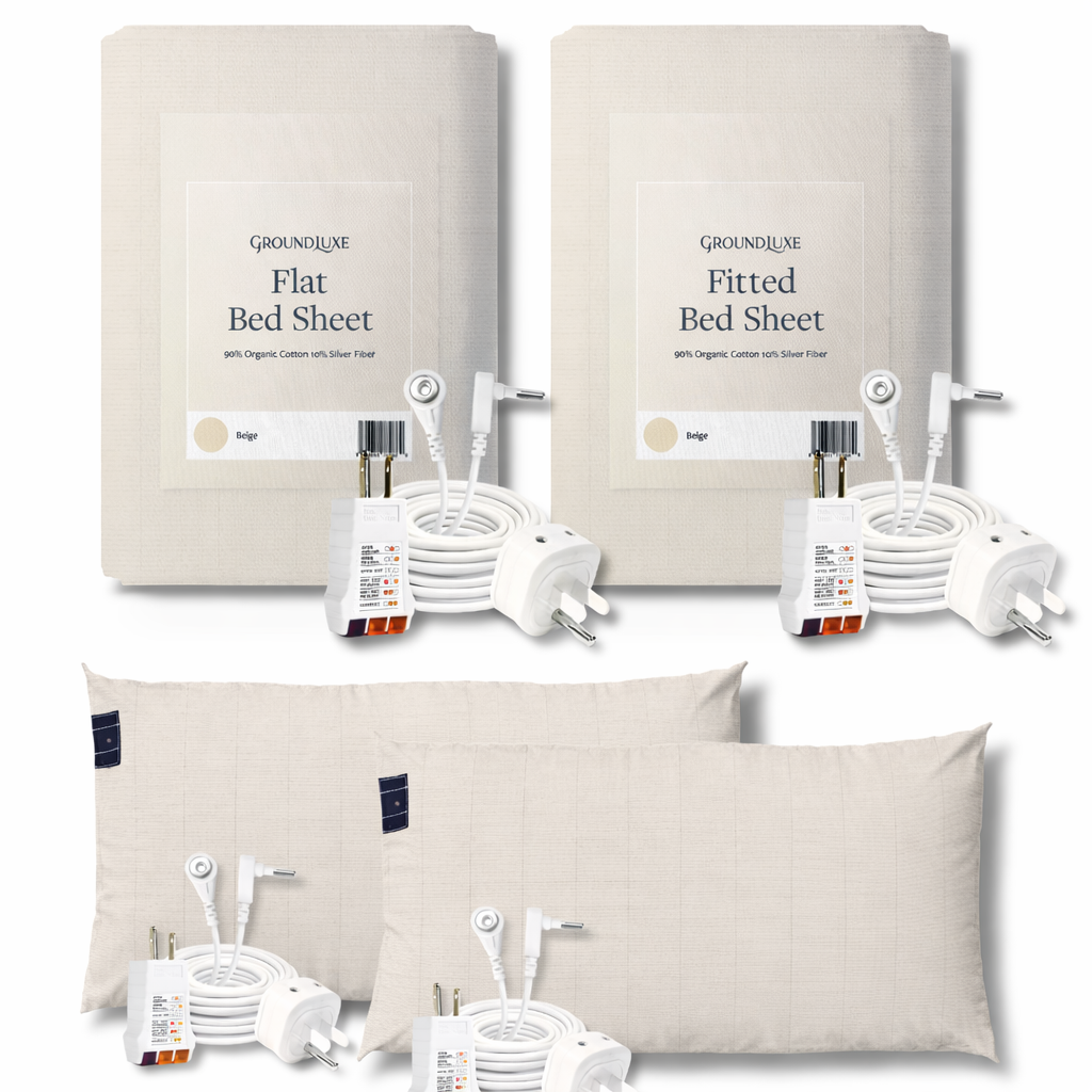 Groundluxe bed sheet and pillowcase set with packaging on a white background

