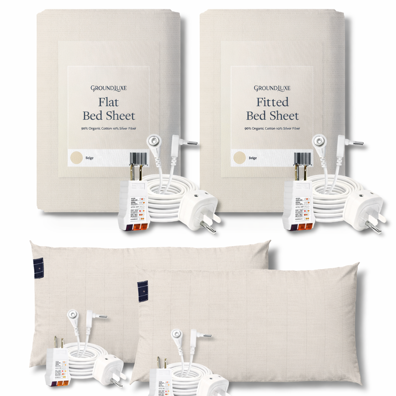 Groundluxe bed sheet and pillowcase set with packaging on a white background

