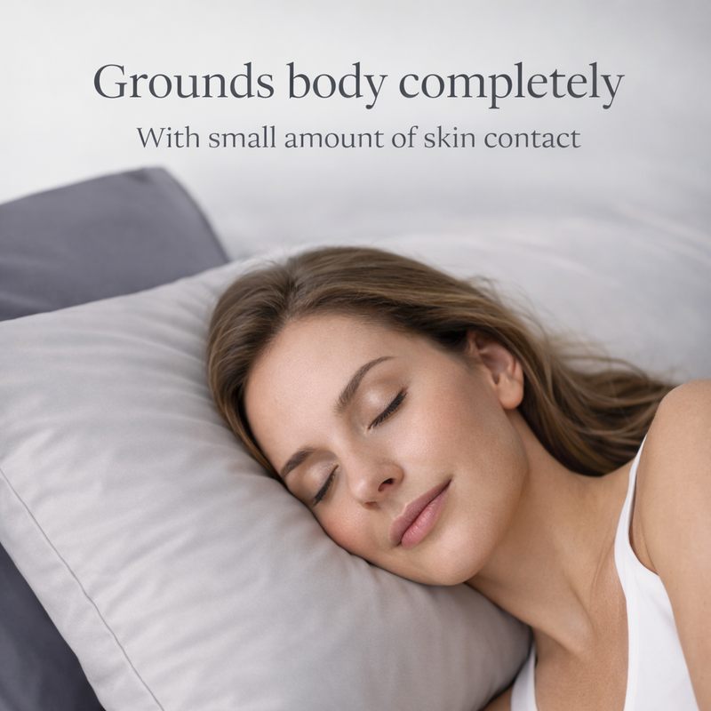 Woman sleeping peacefully on a pillow with text about grounding body contact.