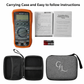 Digital multimeter with carrying case, batteries, and user manual on a white background