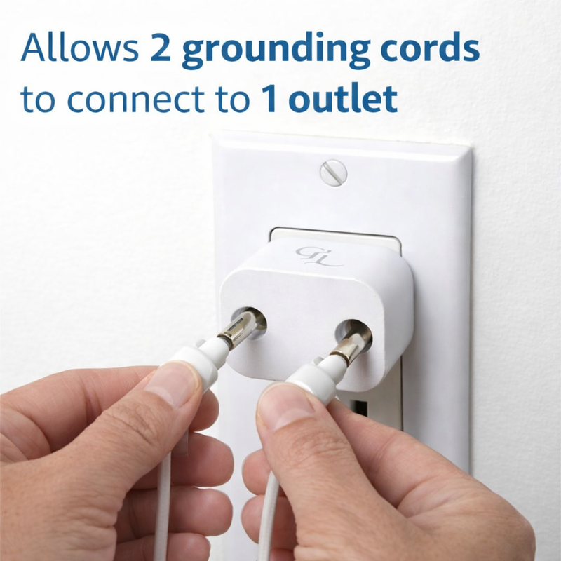 Two grounding cords being plugged into a wall outlet with text indicating compatibility.