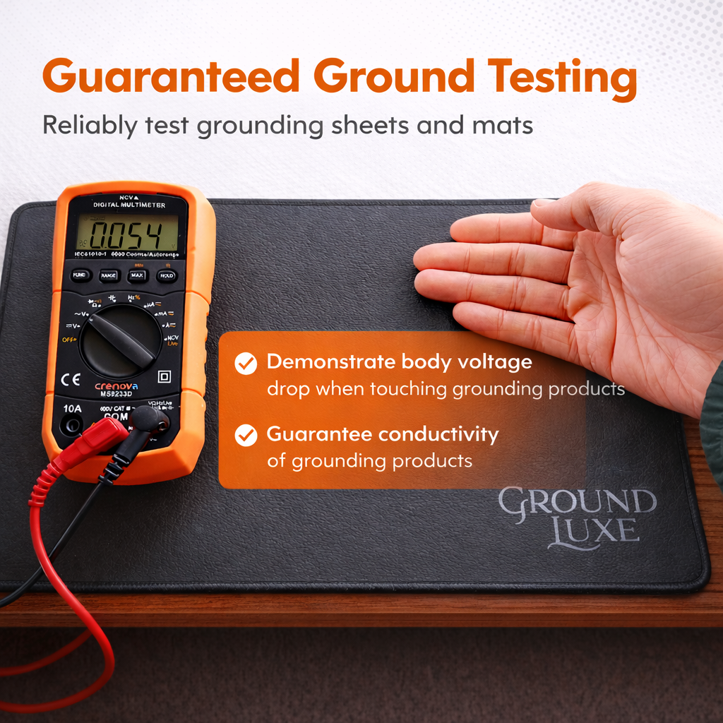 Digital multimeter on a grounding mat with a hand touching it, demonstrating ground testing.