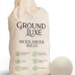 GroundLuxe wool dryer balls in a cloth bag with one ball outside.