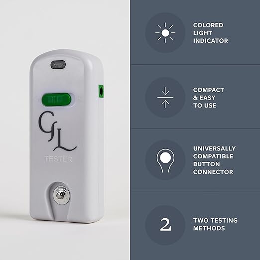 The easy to use product features of the GroundLuxe Continuity Tester include a colored light indicator, compact shape, universally compatible button connector, the ability to test the grounding cord, the grounding sheets, earthing sheets, grounding mats, and earthing mats.