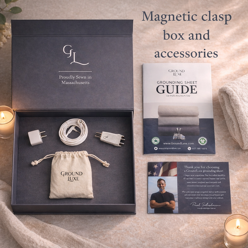 Ground Luxe magnetic clasp box with accessories and a guide on a soft surface.