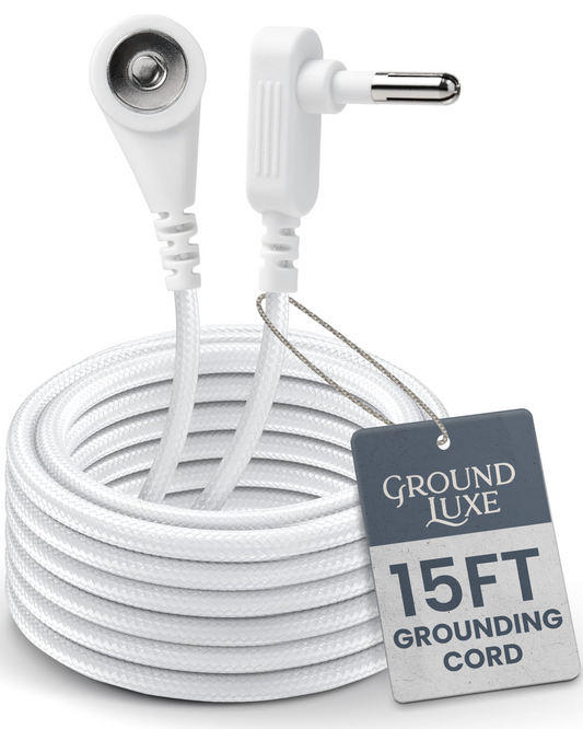 White grounding cord with a label indicating length on a white background