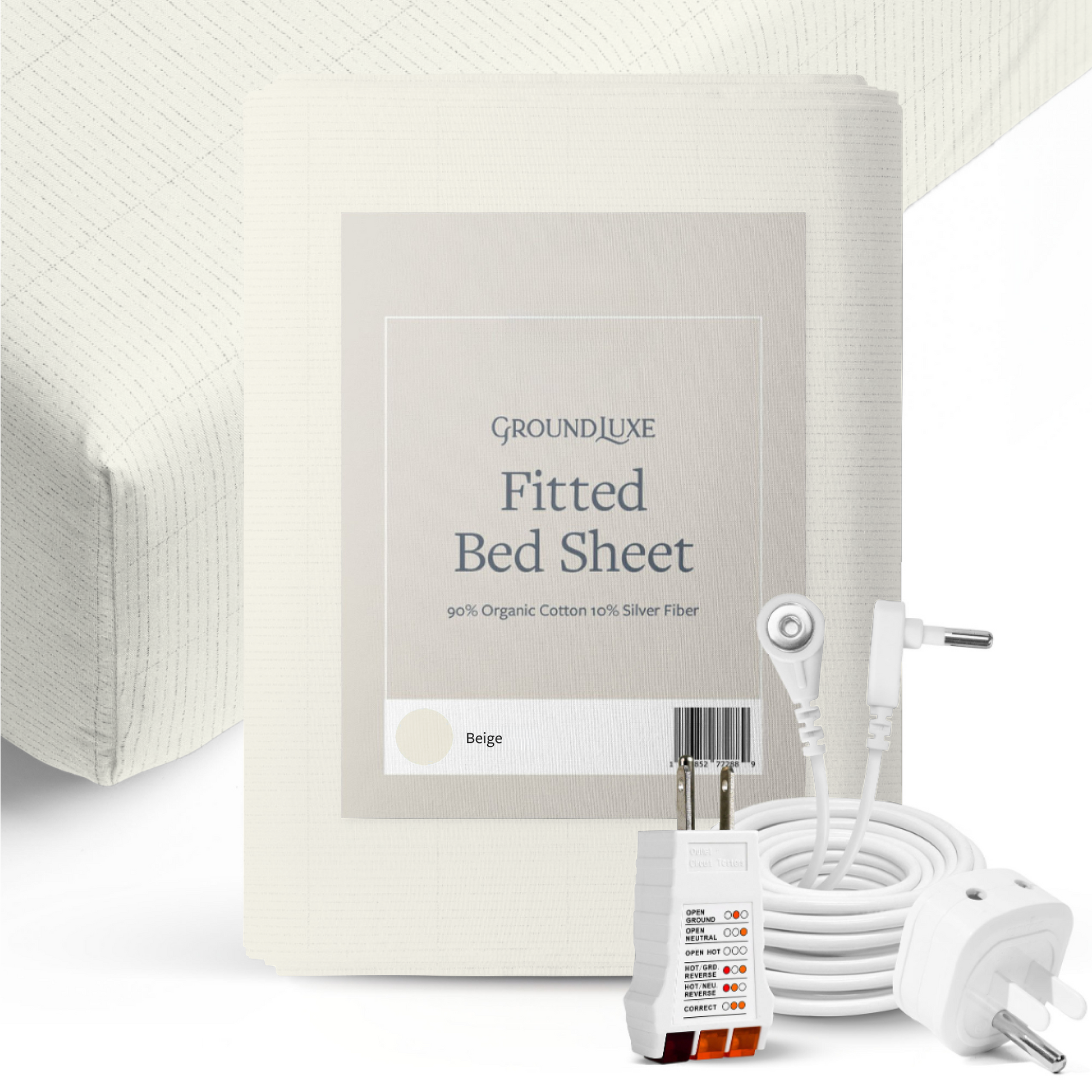 Groundluxe beige fitted grounding sheet in the color beige in its packaging plus on the bed along with a grounding cord, wall outlet checker, and a grounding safety adapter.