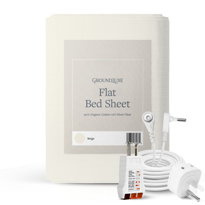 Groundluxe beige flat grounding sheet in its packaging along with the grounded wall outlet checker, grounding cord, and grounding safety adapter.