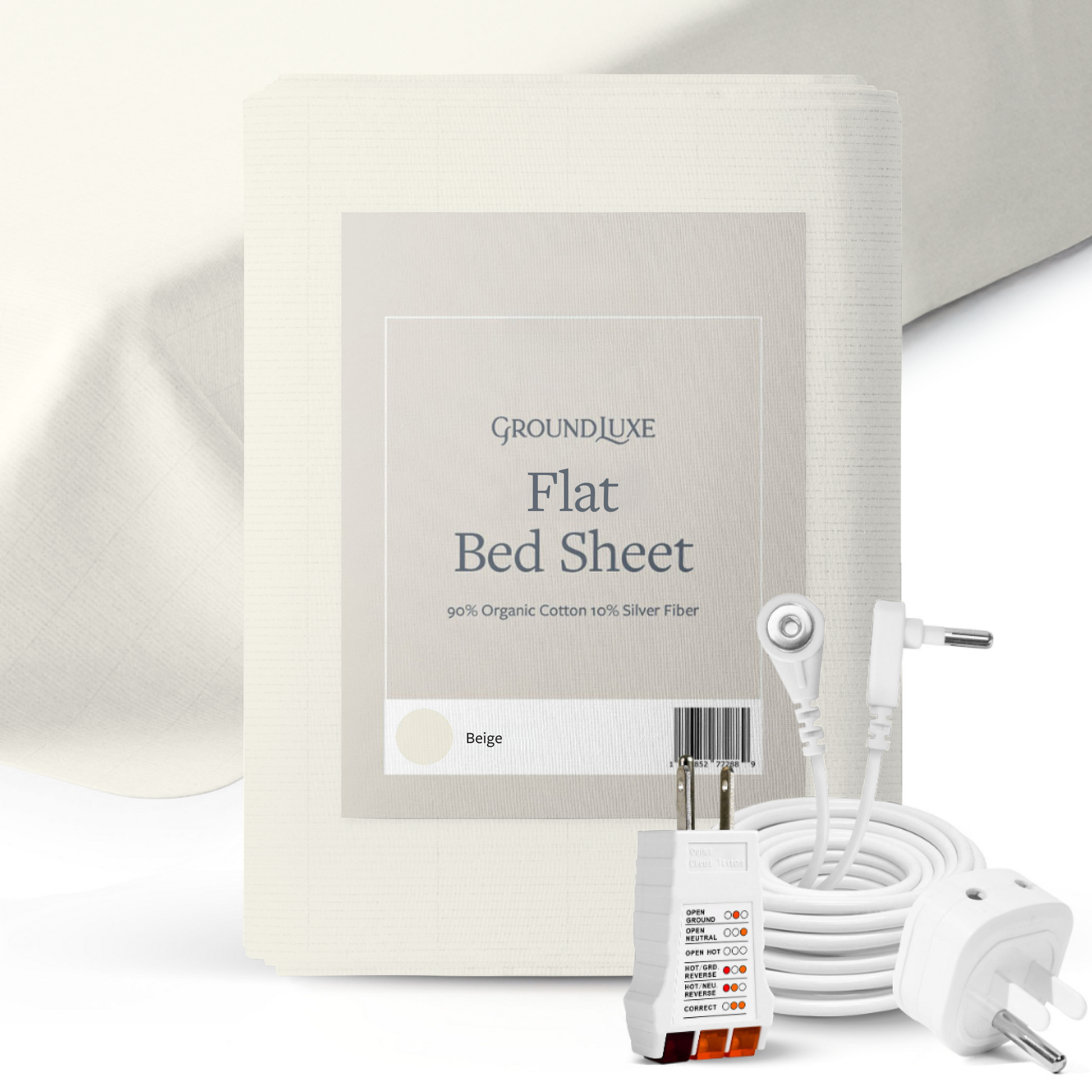 Groundluxe beige flat grounding sheet in its packaging and also featured on a mattress along with the grounded wall outlet checker, grounding cord, and grounding safety adapter.