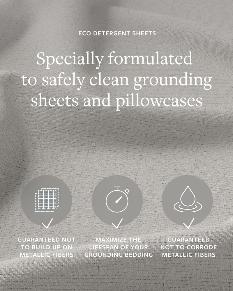 GroundLuxe Eco Detergent Sheets are specially formulated to safely clean grounding sheets and pillowcases to take the guesswork out of what detergent to use on your grounding sheets.