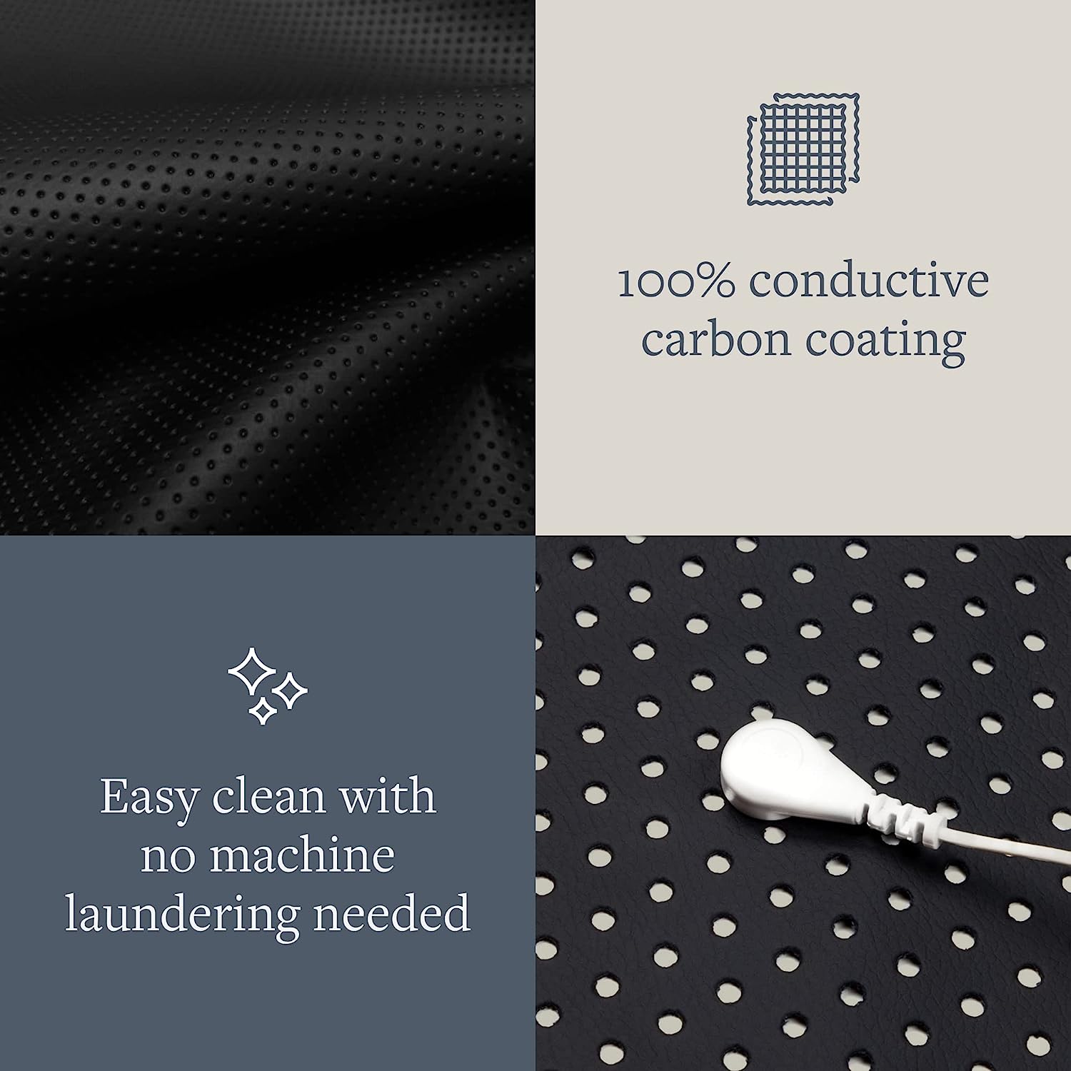 The GroundLuxe Grounding Mat for sleep is made with a 100% conductive carbon coating and is easy to clean with no machine washing required.