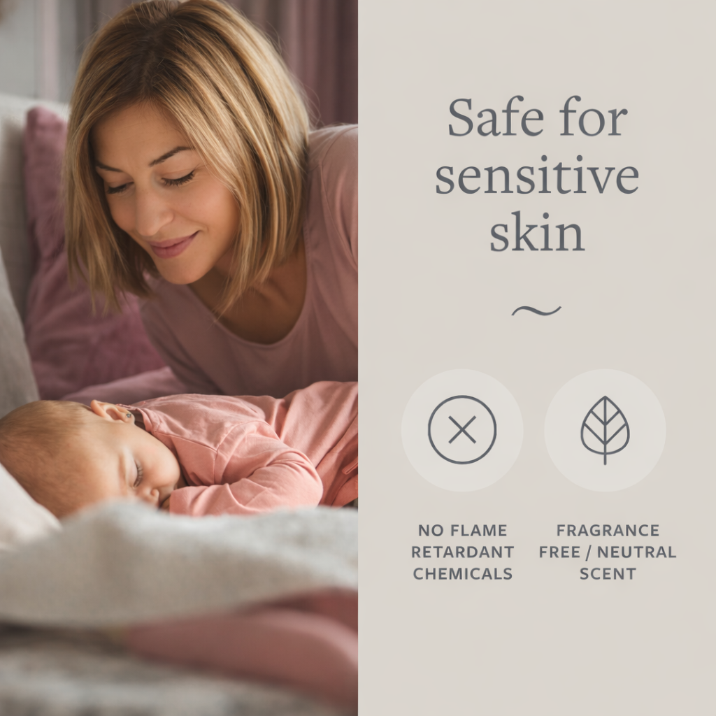 Woman and baby in bed with text about product safety for sensitive skin

