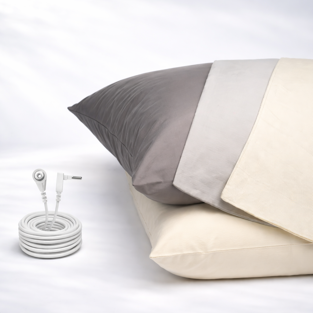 Gray and beige pillows with a white cable on a light gray background