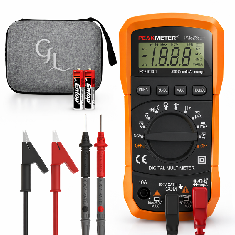 Digital multimeter with case, batteries, and probes on a white background.