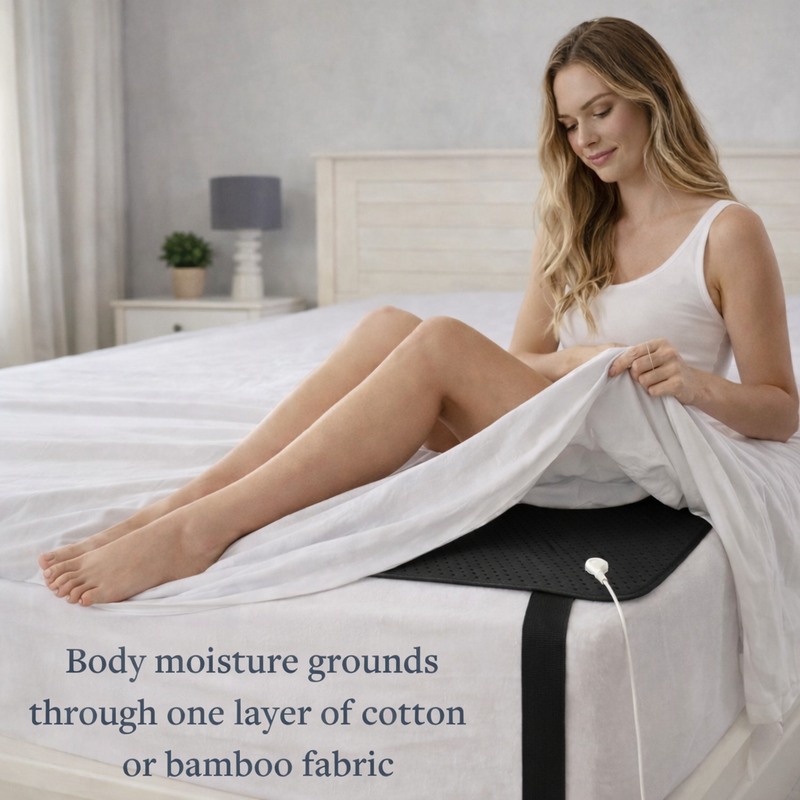 Woman on bed mat showing body moisture grounds through one layer of cotton or bamboo