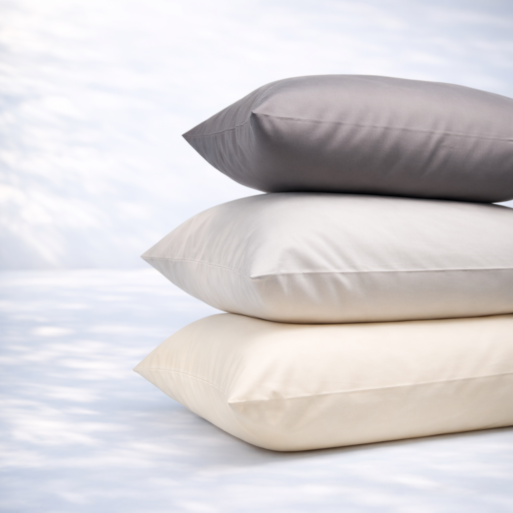 Three pillows in gray, beige, and cream stacked on a light background